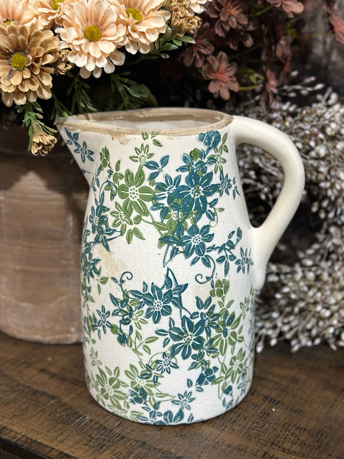 AB Blue Green Floral Pitcher Vase 9.5"