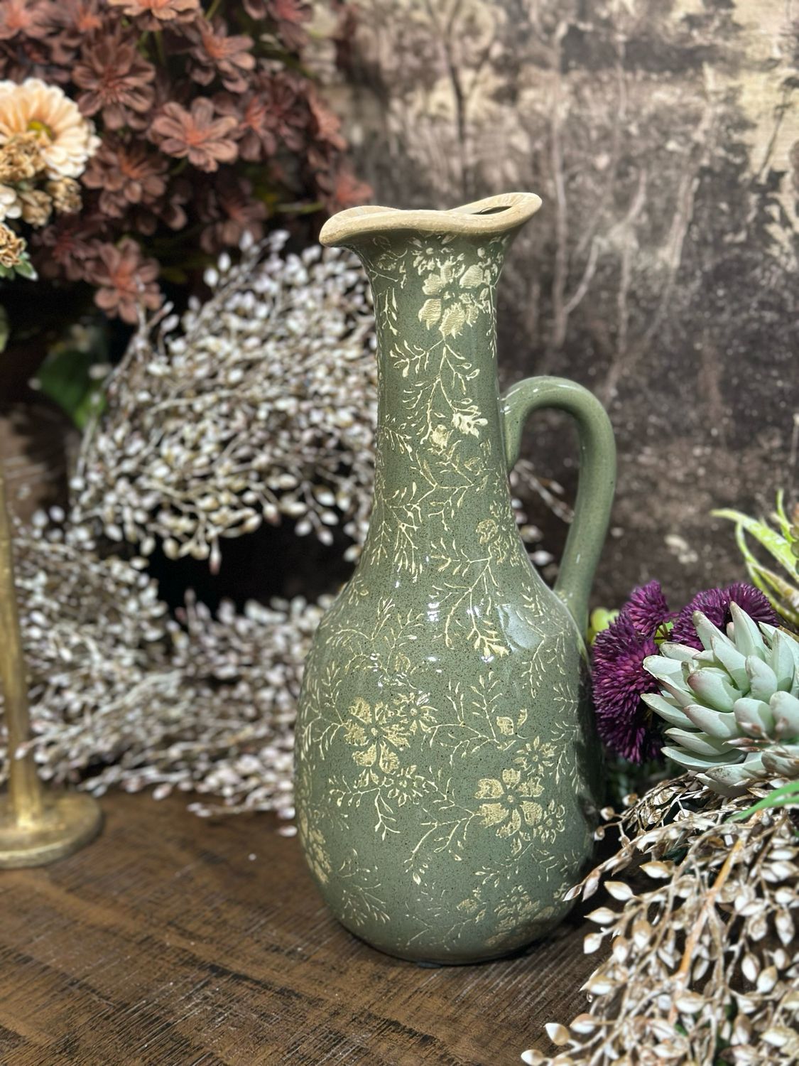 AB Olive Green Floral Pitcher Vase 12"