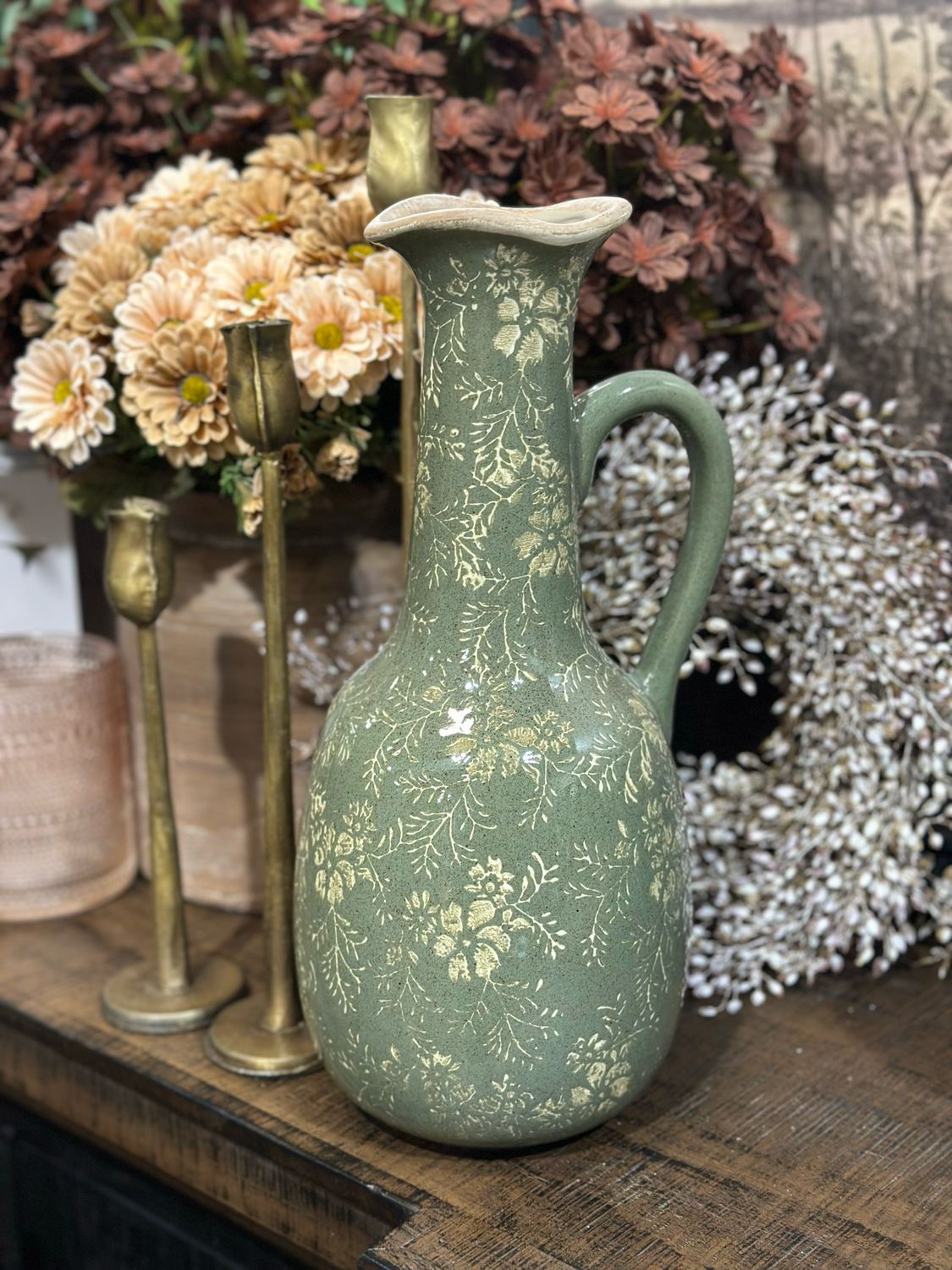 AB Olive Green Floral Pitcher Vase 14"