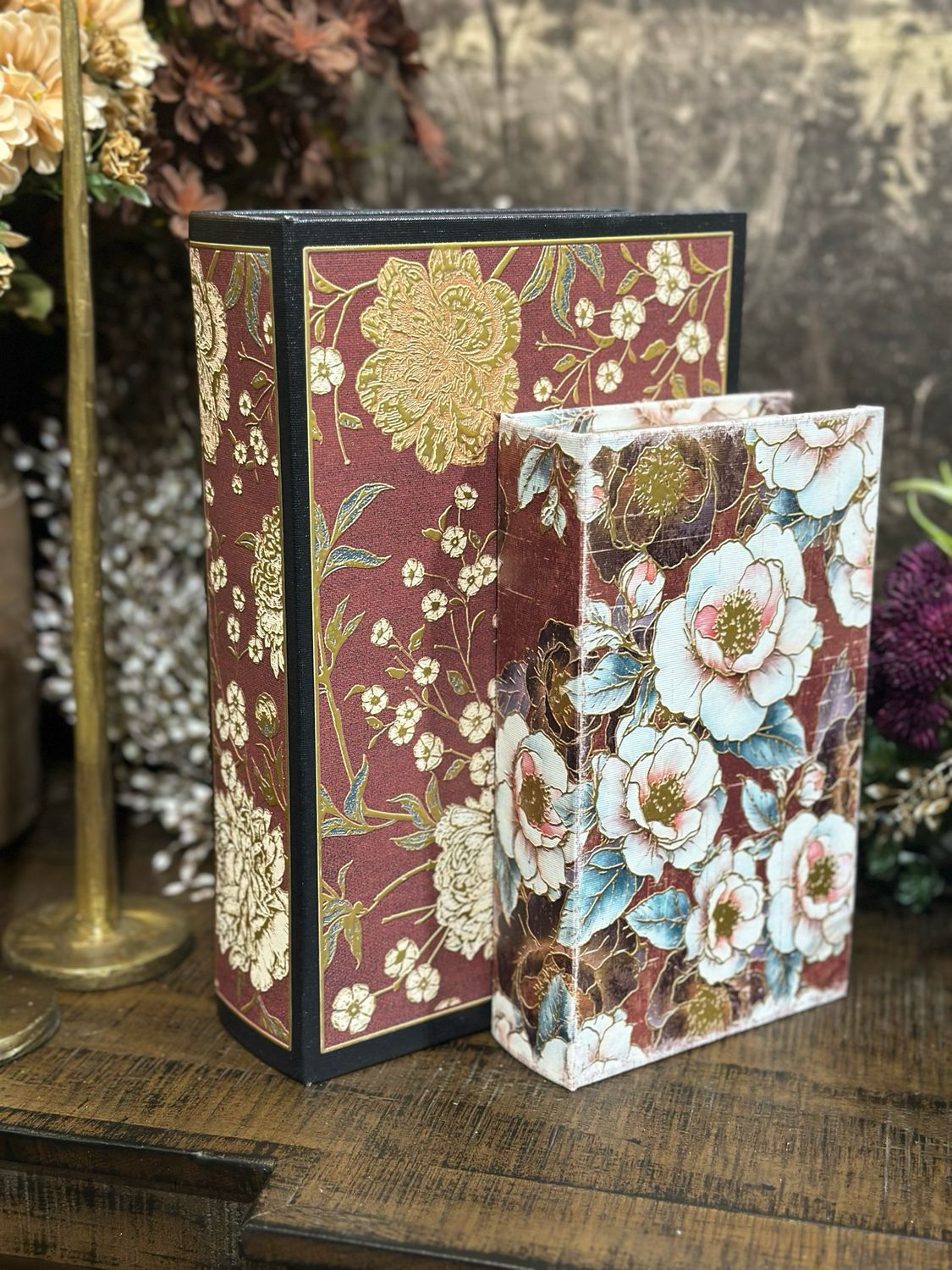 AB Sm Gold Embossed White Flowers Burgundy Book Box 8.25x5x1.75