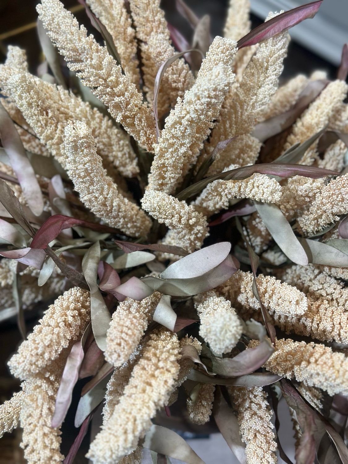 KKI 18" Cream Rice Bush w Green &amp; Burgundy Eva Leaves