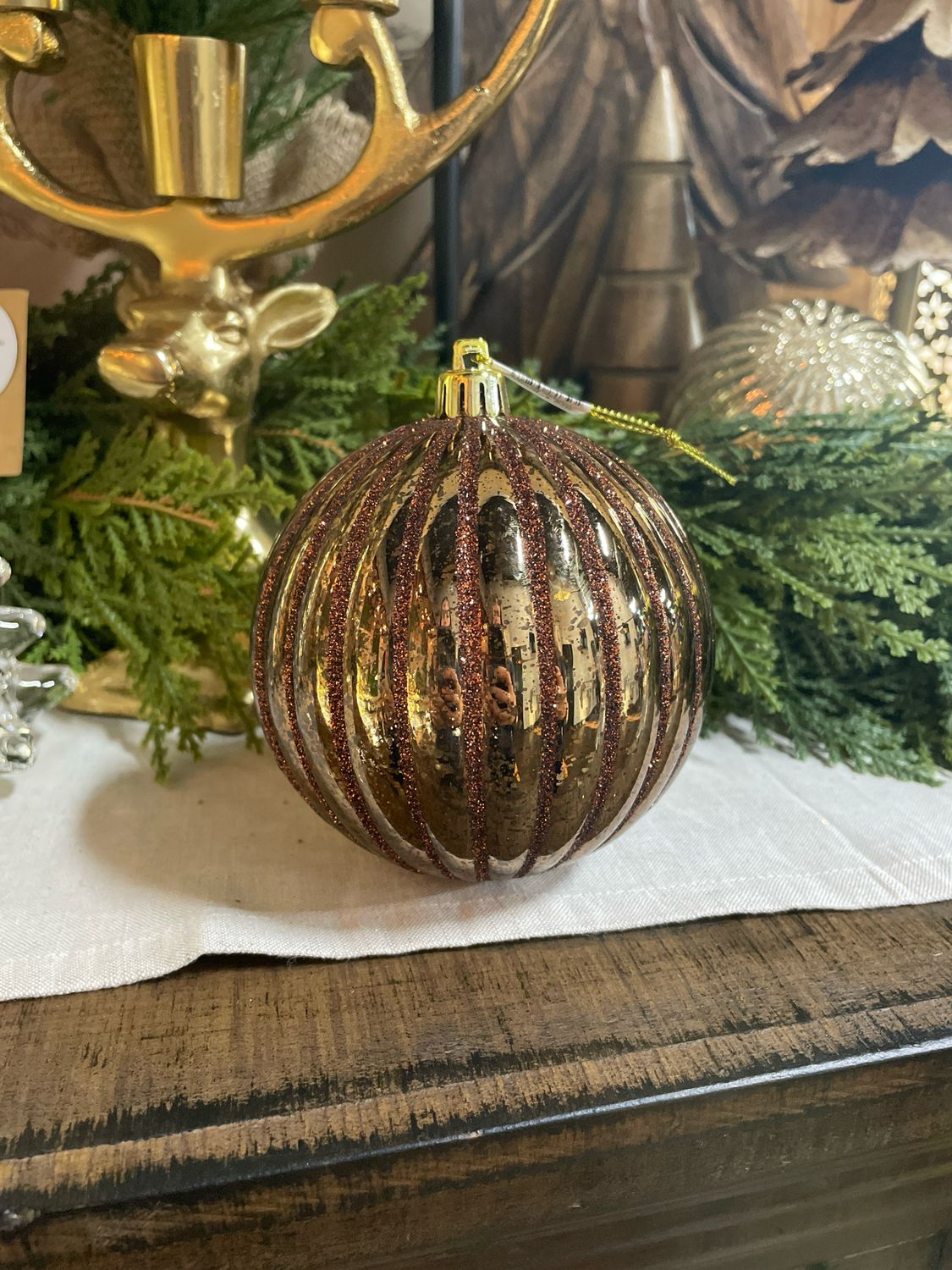 Reg 4" Bronze Glitter Ridged Stripe Ball Orn