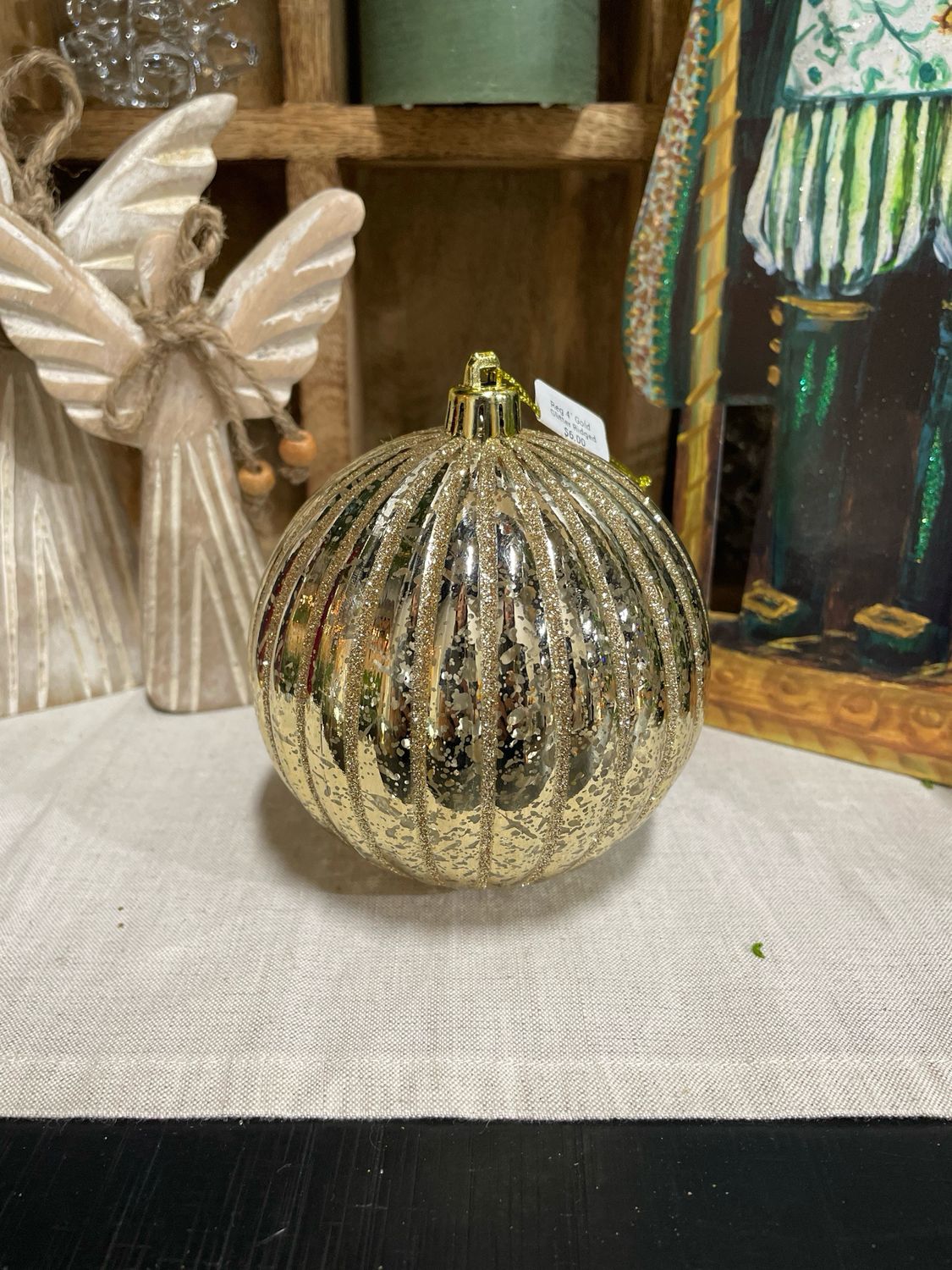 Reg 4" Gold Glitter Ridged Stripe Ball Orn