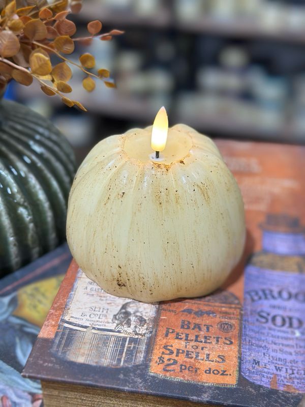 Rag 4" Cream 3D Flame Tall Pumpkin Candle