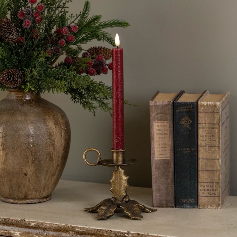 Rag 5" Gold Holly Taper Candle Holder