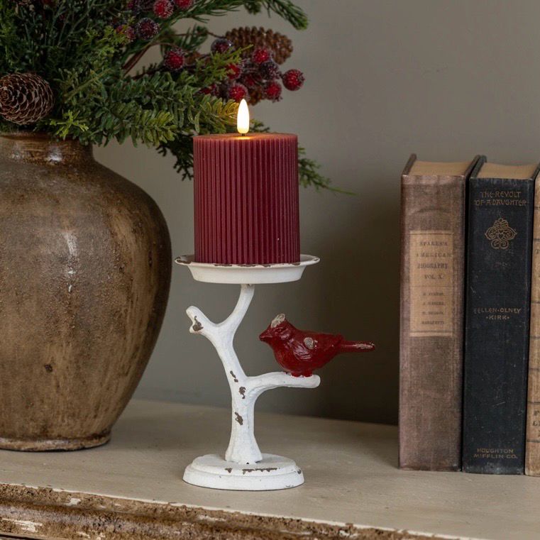 Rag 6.5" Cardinal On Branch Pillar Candle Holder