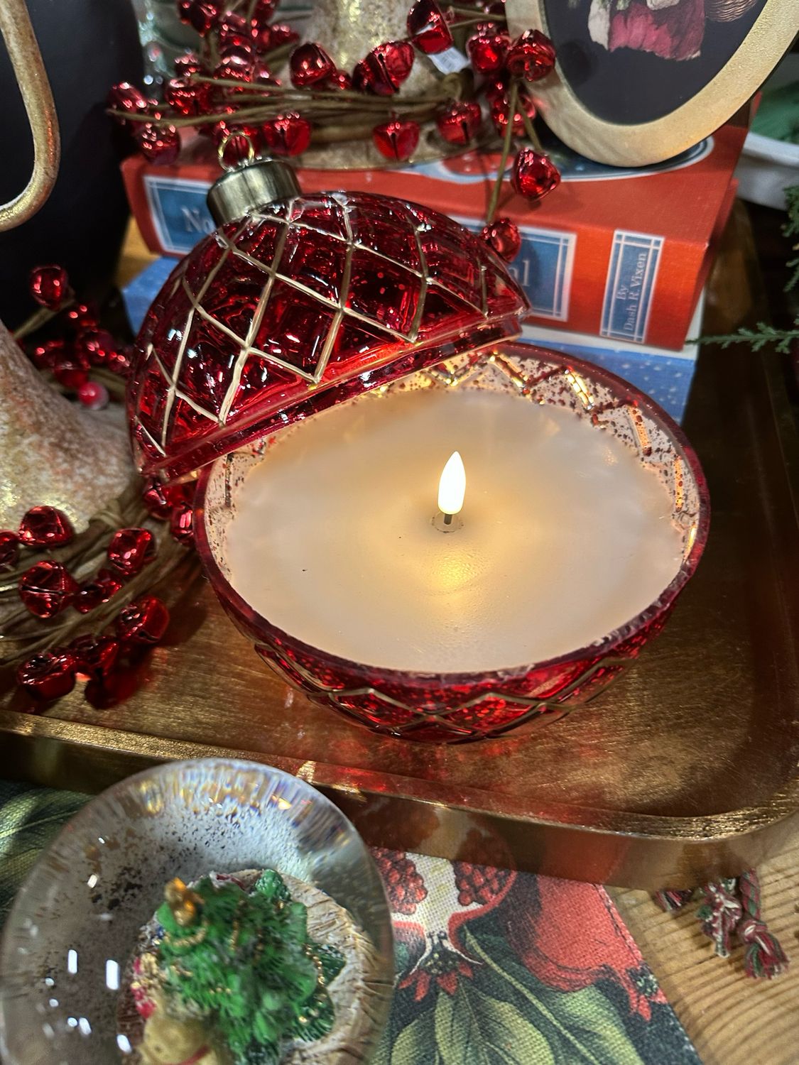 Mel Red Glass LED Candle Orn 5.75x6.5 w 6 Hr Timer