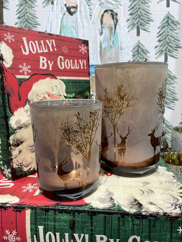 Mel Lg Deer Trees Candle Holder 4.5x7