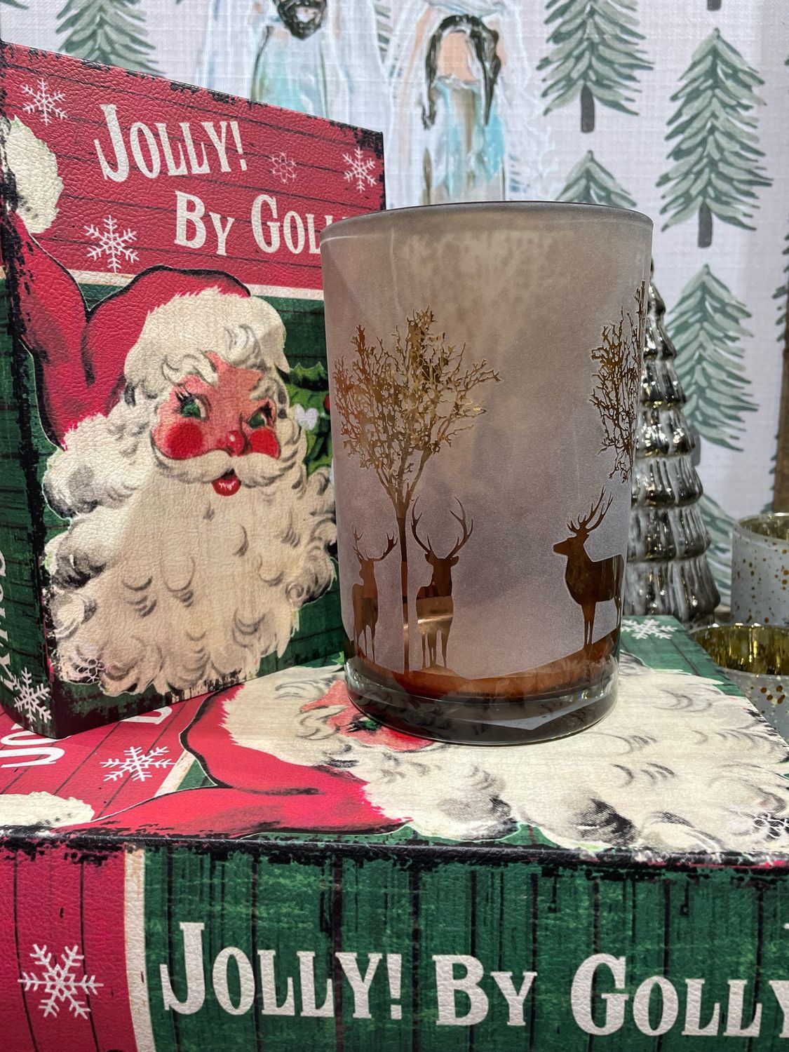 Mel Lg Deer Trees Candle Holder 4.5x7