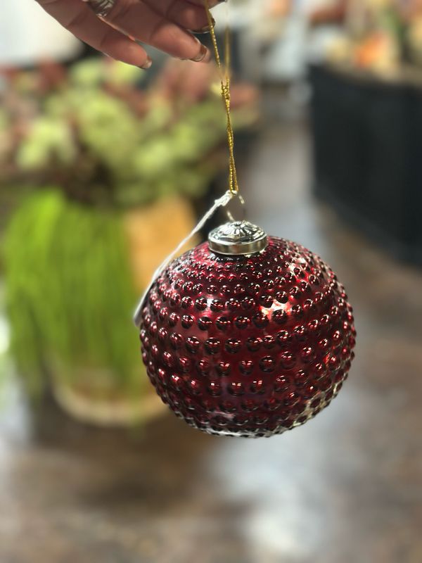 Mel 5" Red Dotted Glass Ball Orn