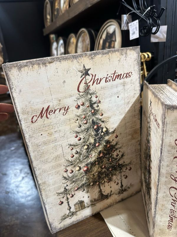 AB Sm Vintage Tree Merry Christmas Book Box 9.5x6x1.75