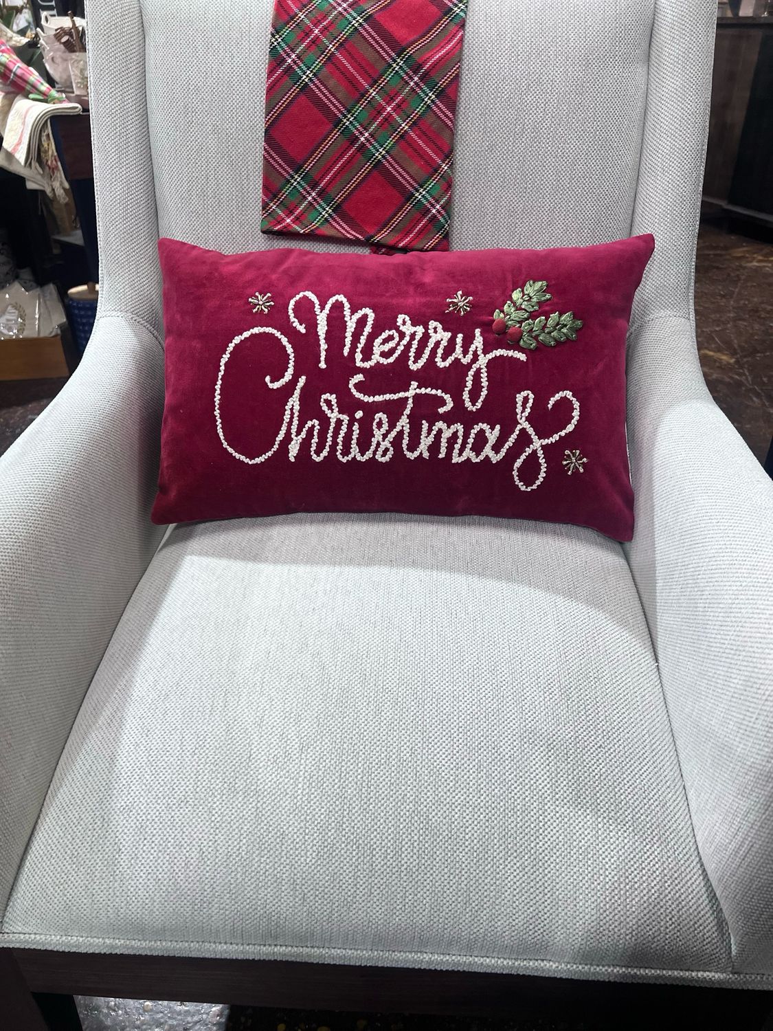 CCO Red Merry Christmas Lumbar Pillow 20x12 Cotton &amp; Velvet