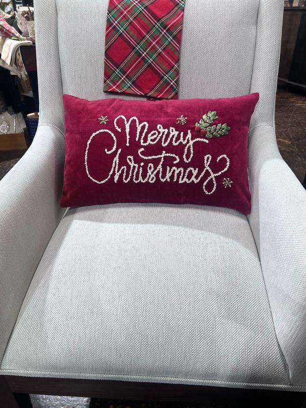 CCO Red Merry Christmas Lumbar Pillow 20x12 Cotton &amp; Velvet