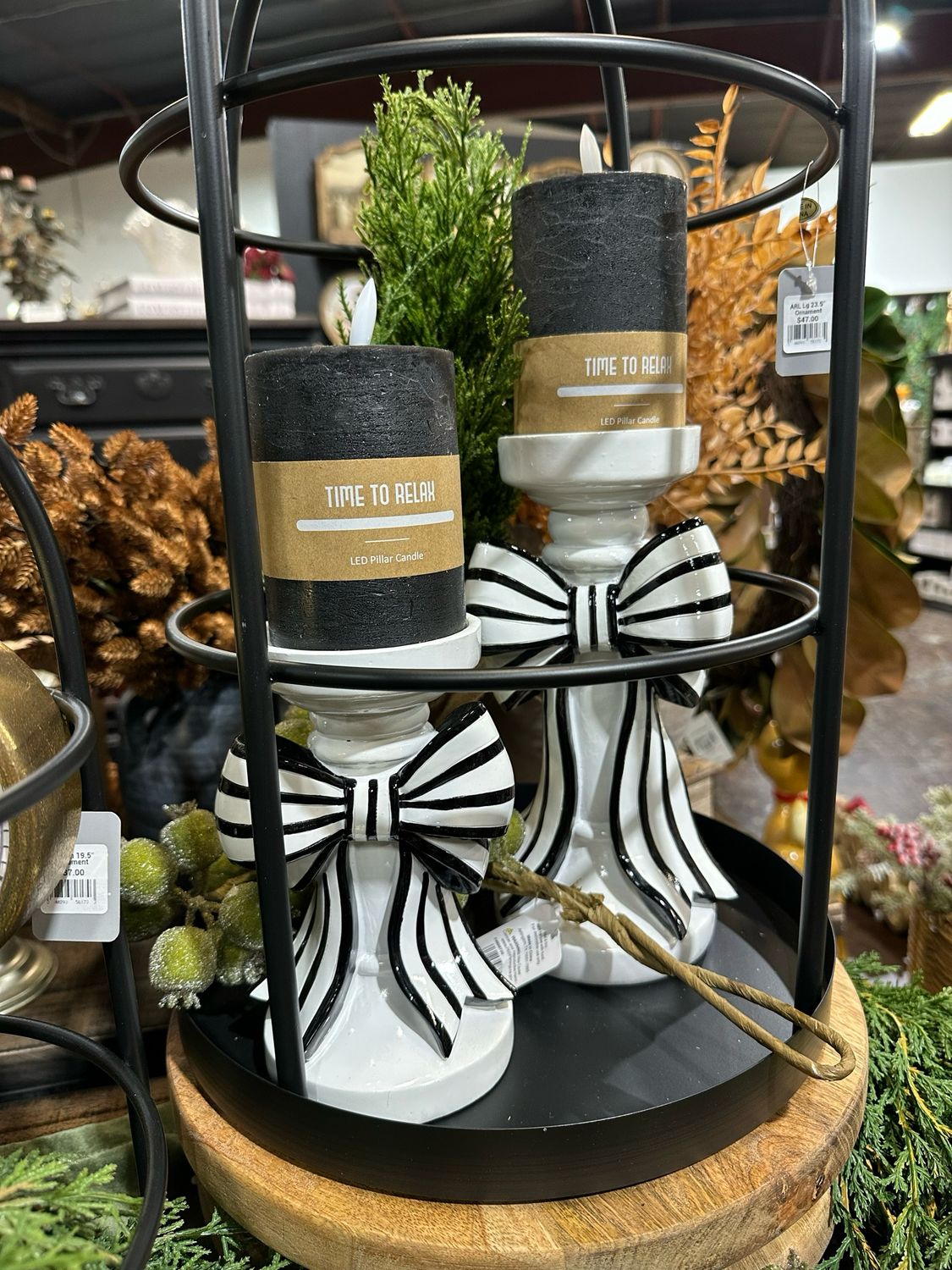 ARL 10" B&amp;W Stripe Bow Candle Holder