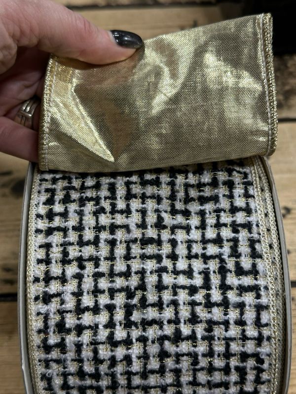 ARL 4"x10Yds B&amp;W Tweed Wired Ribbon