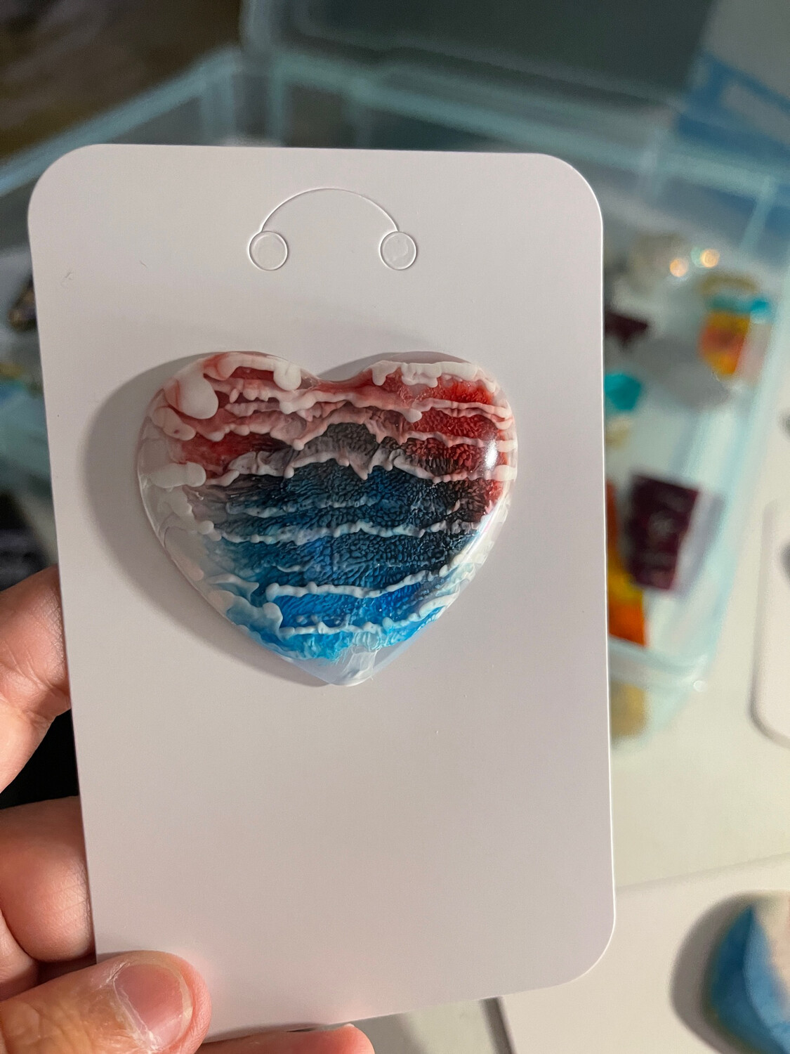 Heart Magnets - Resin - Red, White, Blue, Alcohol Inks Cloud Effect 