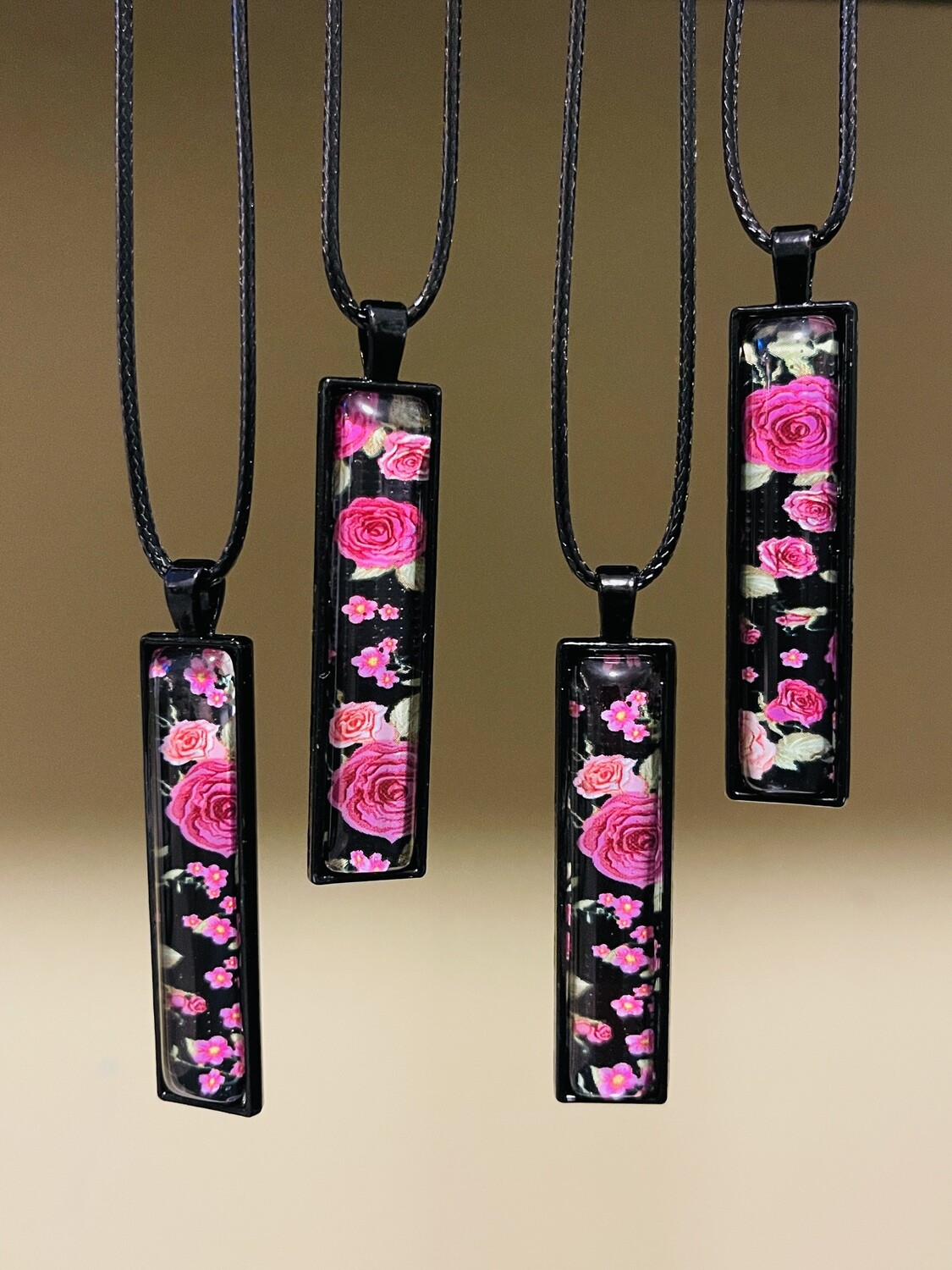 Necklace - Antique Rose Pattern on Black Bezel