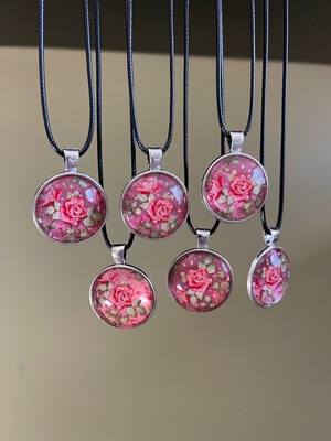 Necklace - Rose Graphic on Circle Silver Bezel