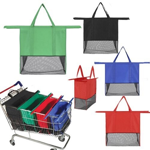 5 Bolsas ecológica de non woven cosida, 2 sujetadores de plástico para el  carrito del super. Impresos con tu logo.