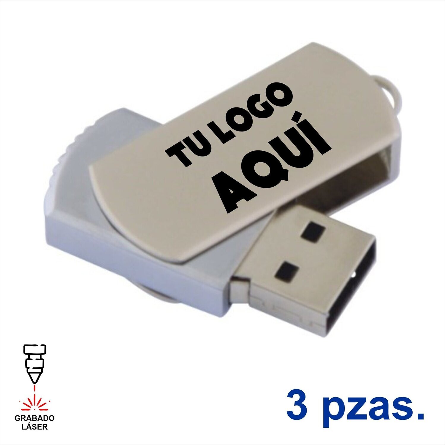 3 Memorias USB de metal con forma rectangular. Con tu logo grabado en láser.