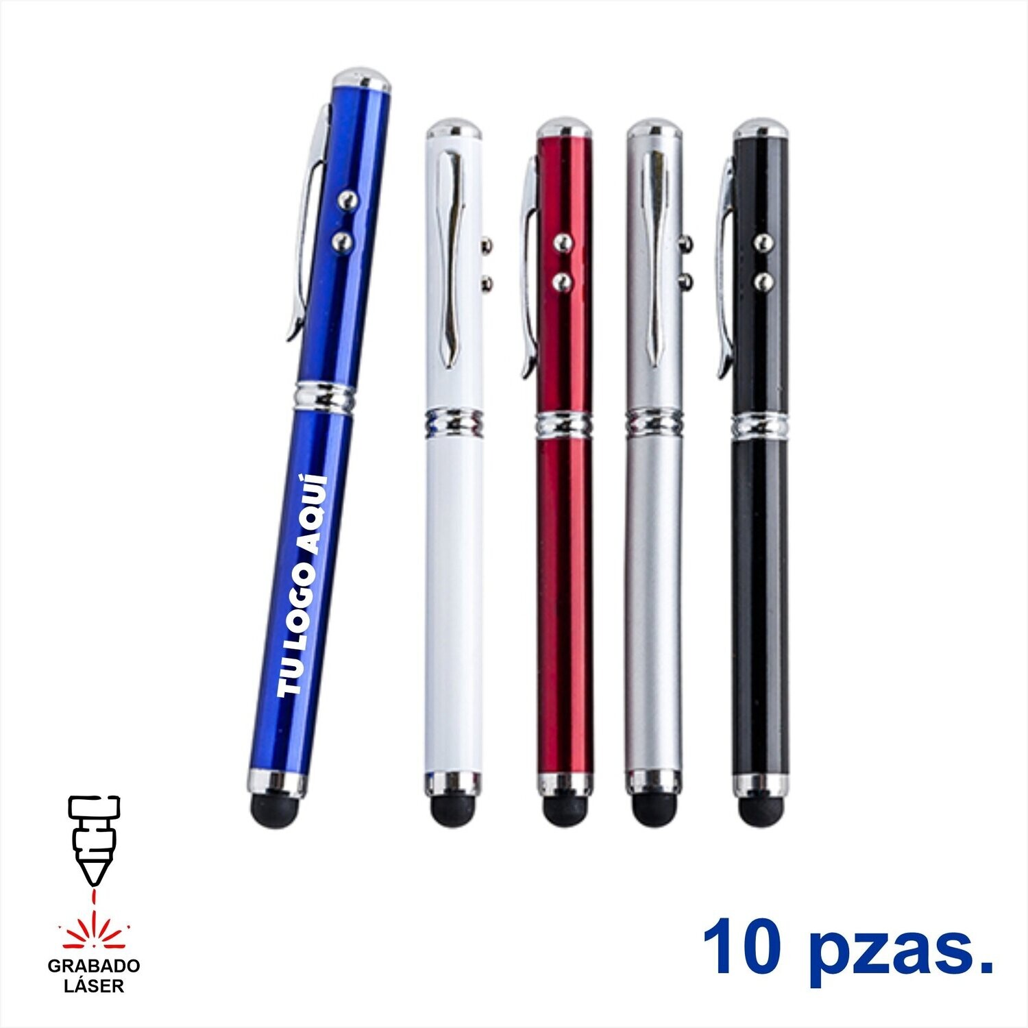 10 Bolígrafos Bolígrafo de aluminio con luz blanca, láser y goma óptica