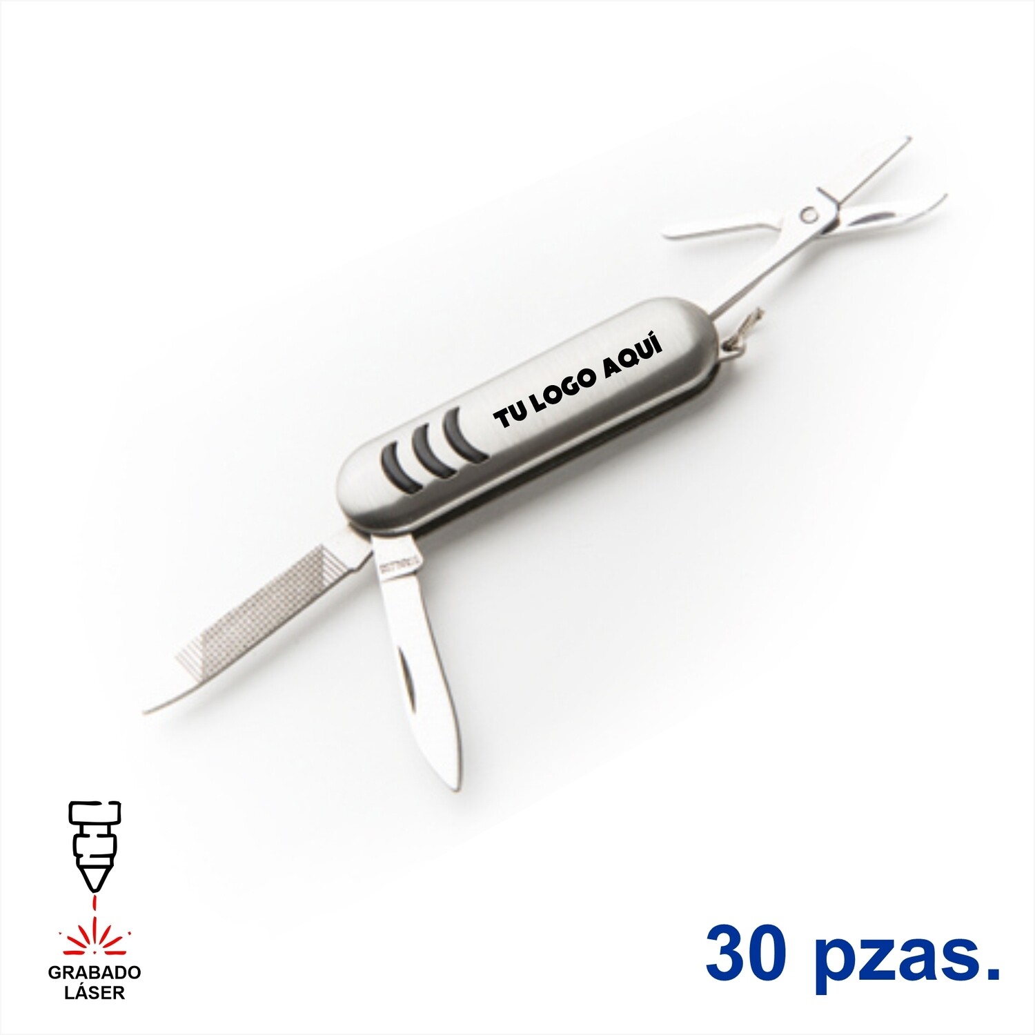 30 Mini navajas metálica con 3 funciones que contiene: tijeras y doble  navaja con lima, cuenta con arillo para usar como llavero. Impresos con tu  logo.