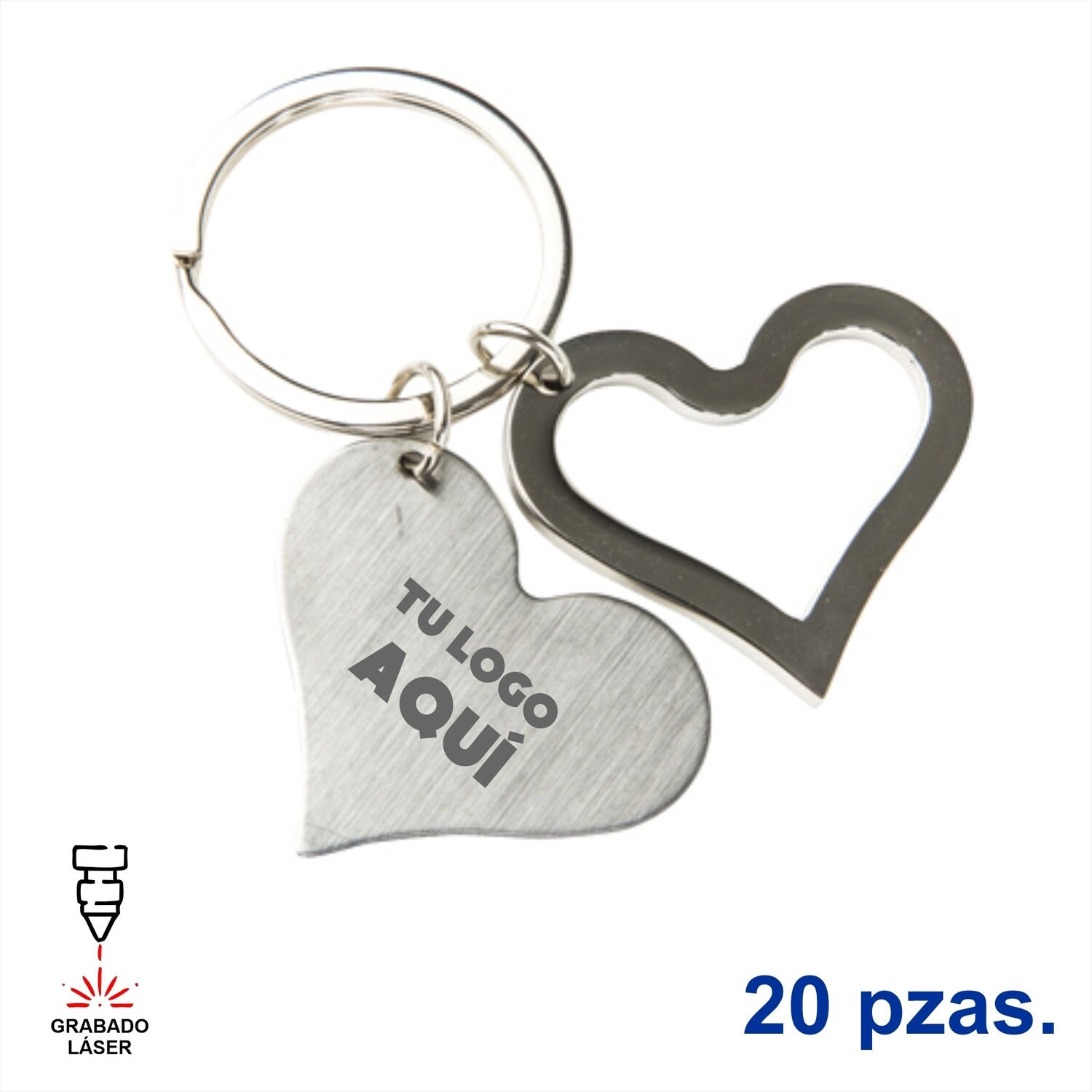 20 Llaveros metálico doble en forma de corazón, placa sólida y silueta, con  arillo reforzado para colgar. Impresos con tu logo.