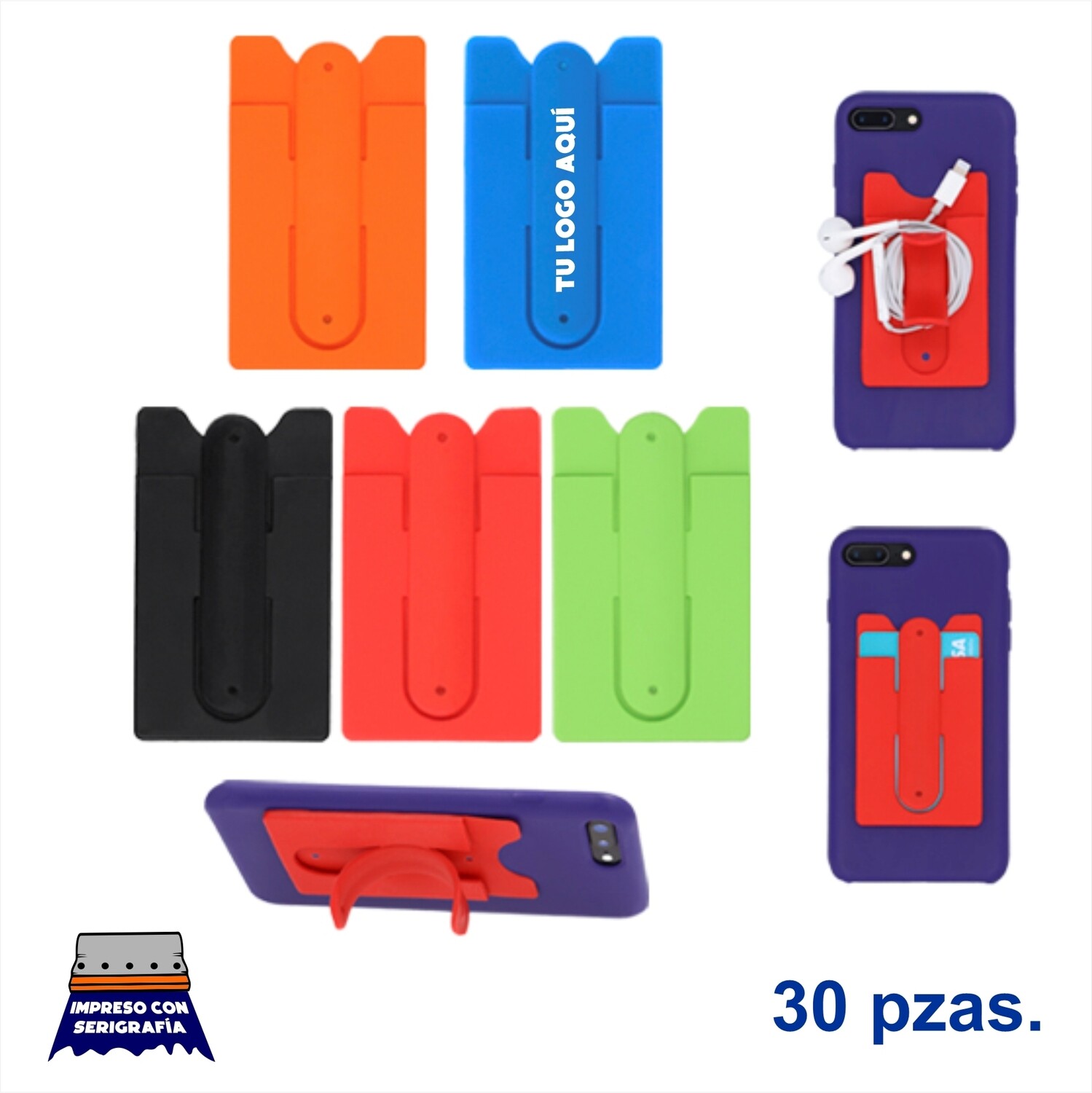 30 Porta tarjetero de silicón con clip flexible que sirve como soporte para el  celular y enrollar auriculares. Impresos con tu logo.