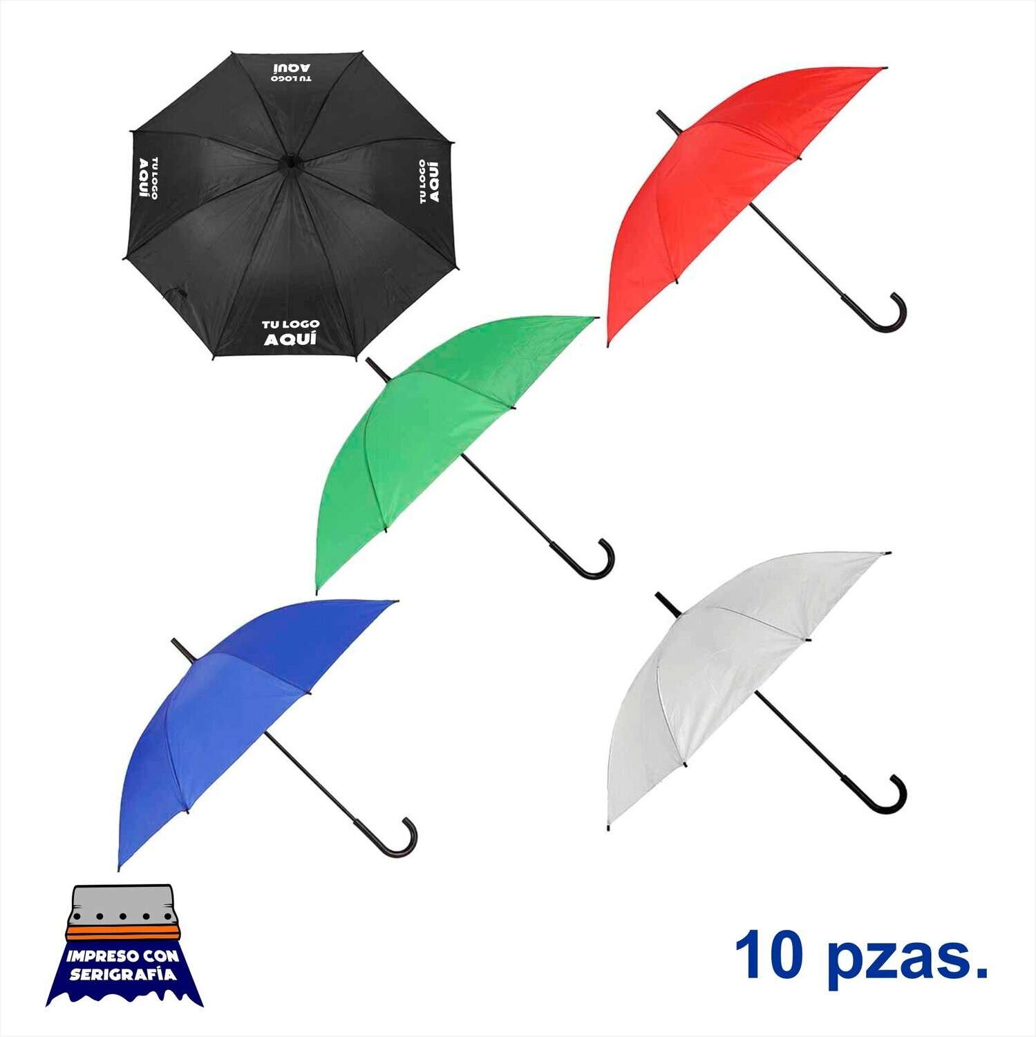 10 Paraguas automático con mango de plástico. Impresos con tu logo.