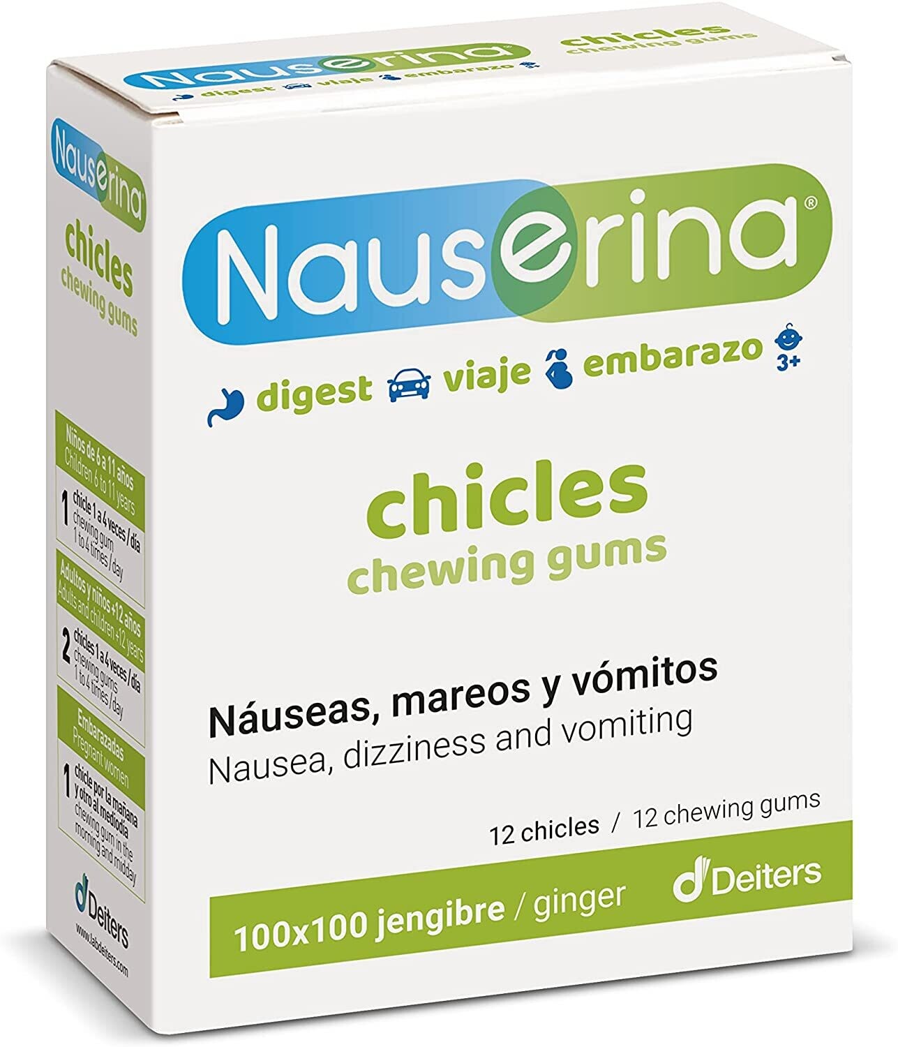 Nauserina Jengibre en Chicles. Evita mareos, nauseas y vomitos (12 unidades)