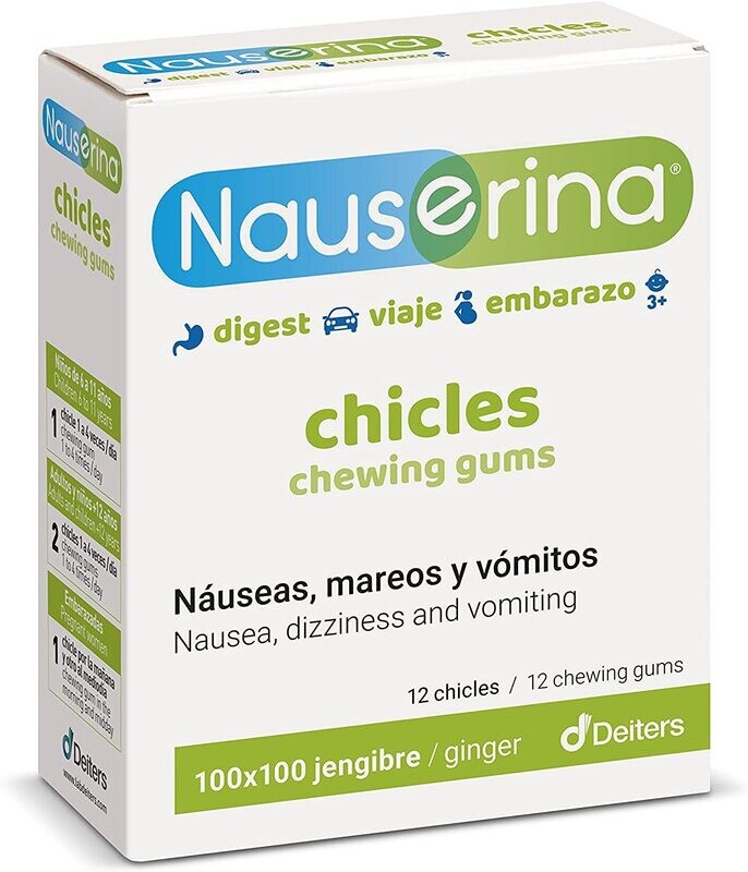 Nauserina Jengibre en Chicles. Evita mareos, nauseas y vomitos (12 unidades)
