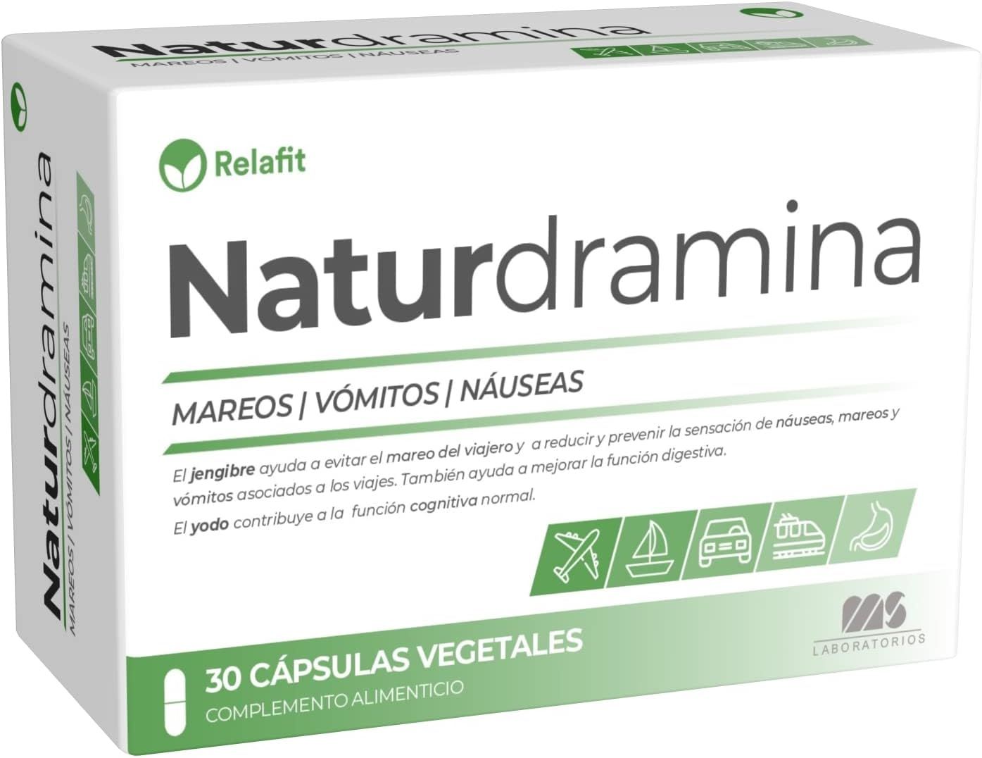 Relafit Naturdramina (30 Cápsulas) Mareo del viajero o cinetosis, Náuseas, Vómitos  (Apto para Veganos)