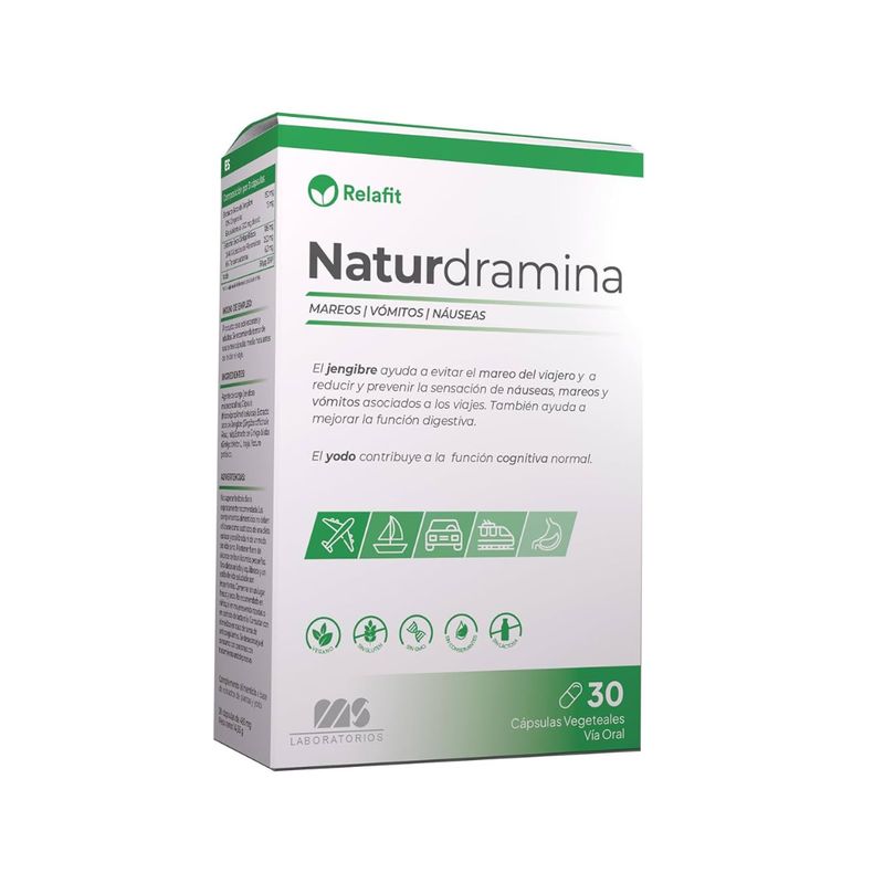 Relafit Naturdramina (30 Cápsulas) Mareo del viajero o cinetosis, Náuseas, Vómitos  (Apto para Veganos)