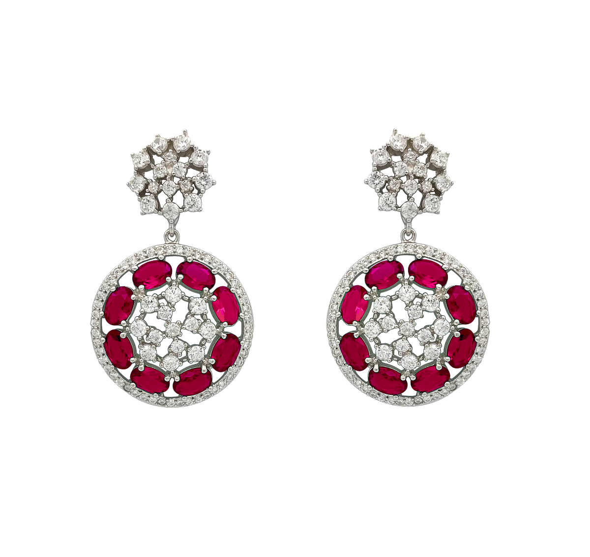 Pendiente en plata, rosetón, con piedra de color zafiro, rubí o esmeralda
