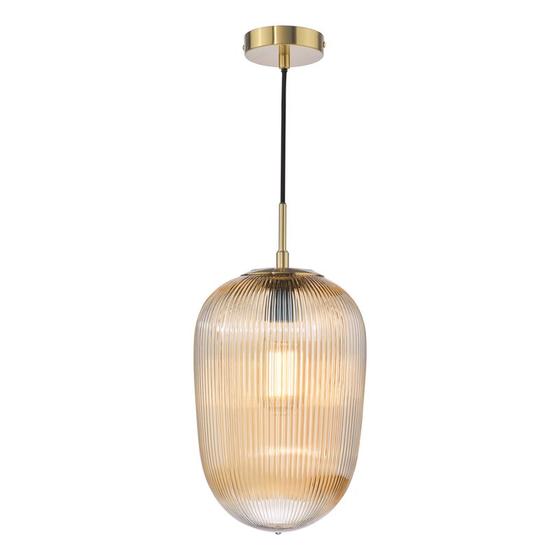 ​Abrielle Pendant Light – Brushed Bronze & Amber Ribbed Glass