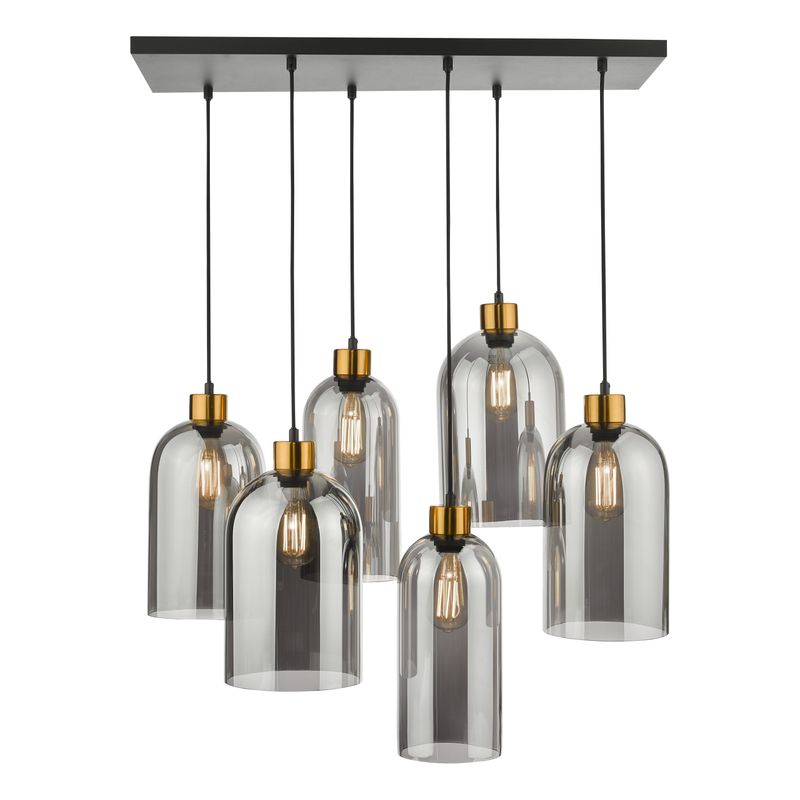 ​Alma 6-Light Bar Pendant – Matt Black & Brass with Smoked Glass