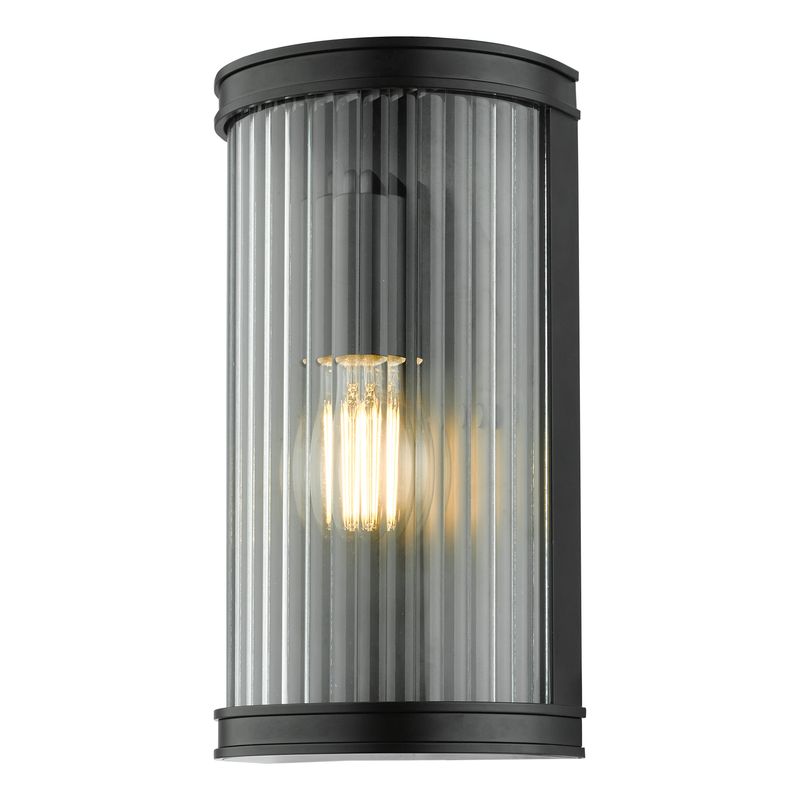 ​Anund Bathroom Wall Light – Matt Black & Ribbed Glass (IP44 Rated)