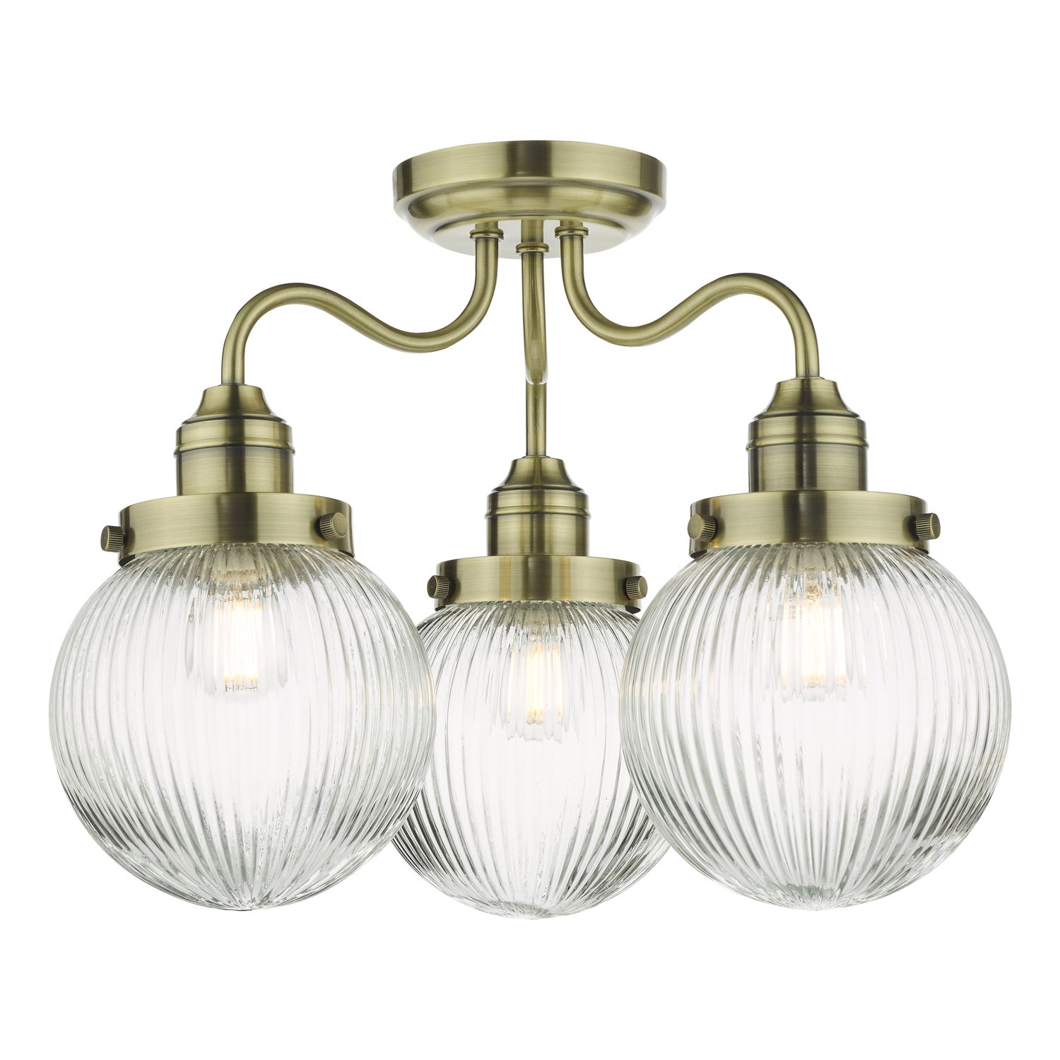 Tamara 3-Light Semi-Flush Ceiling Light – Antique Brass & Ribbed Glass (IP44 Rated)