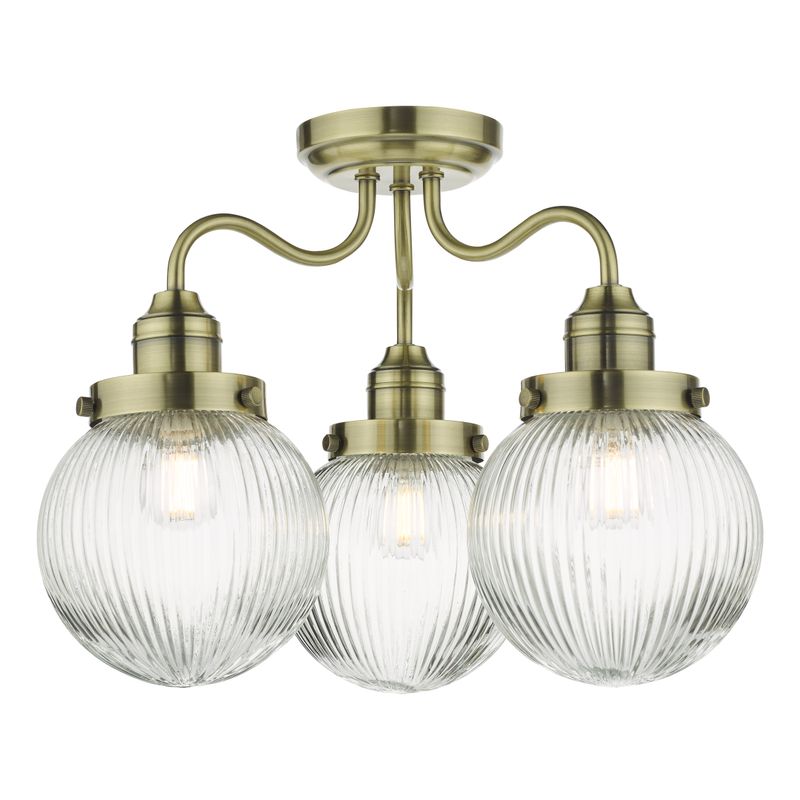 Tamara 3-Light Semi-Flush Ceiling Light – Antique Brass & Ribbed Glass (IP44 Rated)