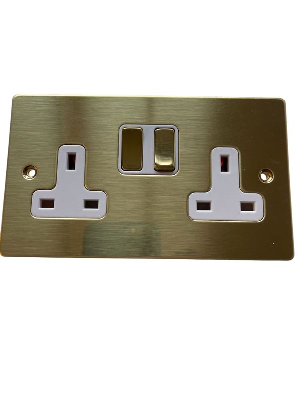 Hamilton Litestat 81SS2PB-W Sheer Flat Plate Polished Brass 2 Gang Double Pole Switch socket With White Insert 13A