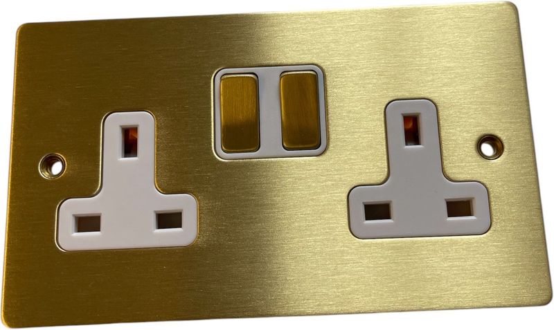 Hamilton 82SS2SB-W Sheer Satin Brass 2 Gang 13A 2 Pole Switched Double Socket - Brass and White Insert