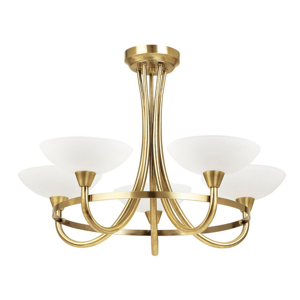 The Cagney 5-Light Semi-Flush – Antique Brass Elegance with White Glass Shades