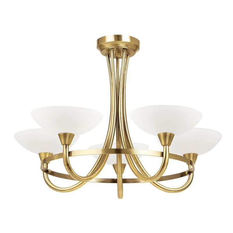 The Cagney 5-Light Semi-Flush – Antique Brass Elegance with White Glass Shades
