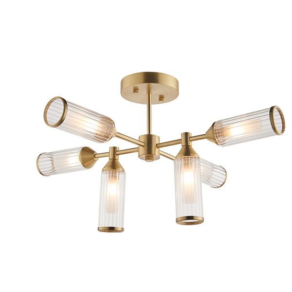 Weybridge ​Mid-Century Semi-Flush Ceiling Light – Satin Brass & Ribbed Glass