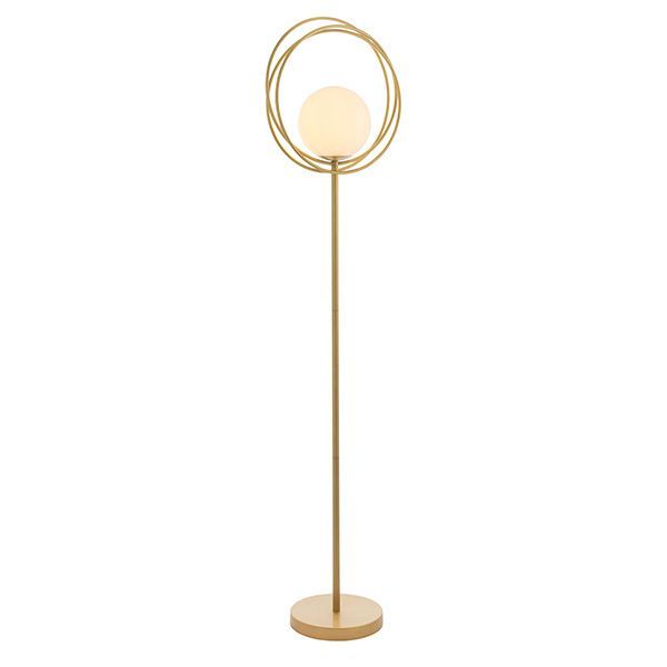 ​Contemporary Gold Floor Lamp – Opal Glass Orb Design