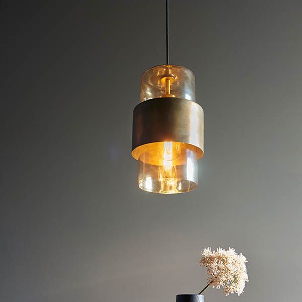 ​Textured Brass & Champagne Glass Pendant – Adjustable Elegance