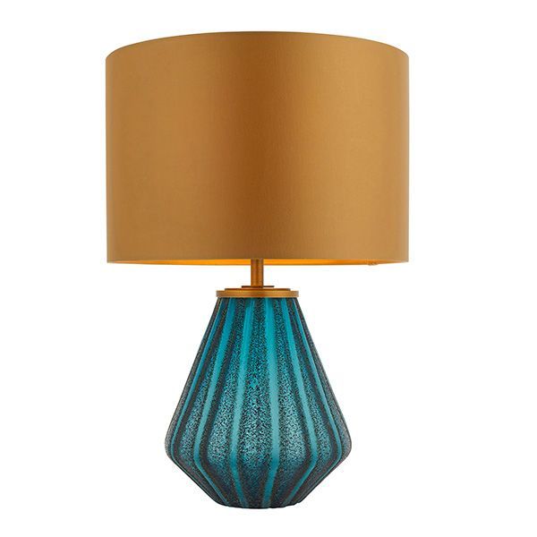 ​Artisan Turquoise Glass Table Lamp – Brass & Gold Satin Elegance