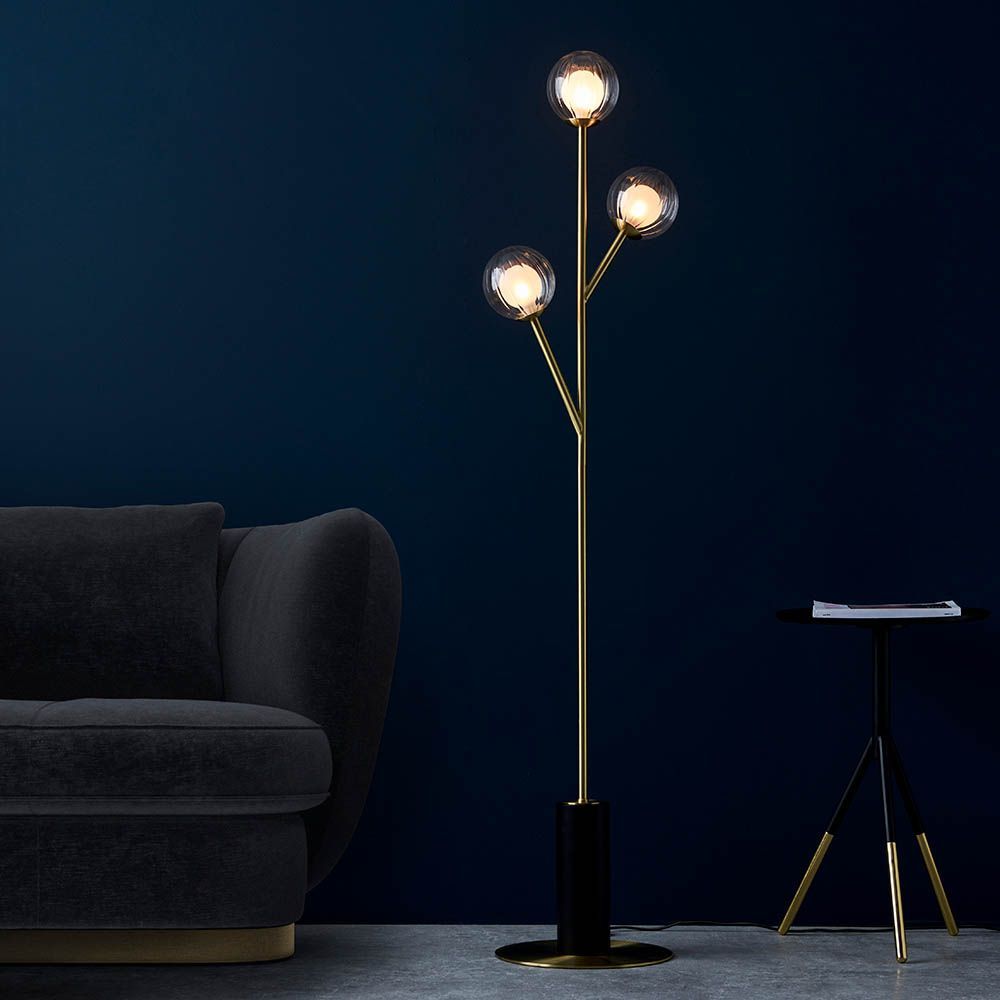 Mid-Century Modern Floor Lamp – Satin Brass & Ribbed Glass