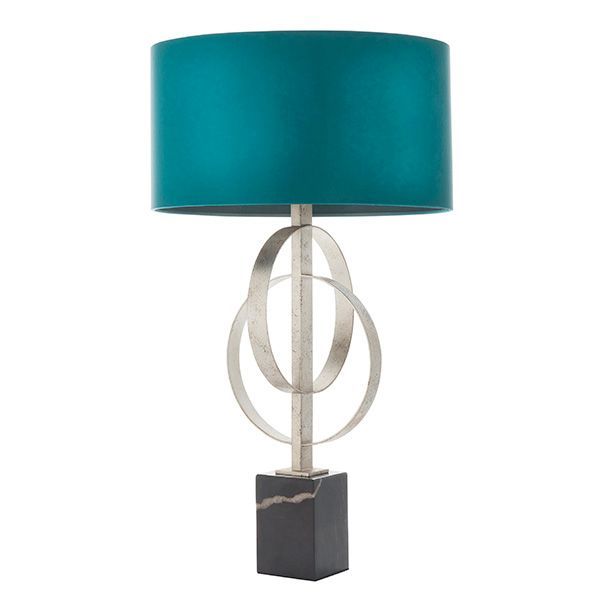 Silver Leaf & Teal Satin Table Lamp – Interlinked Ring Design