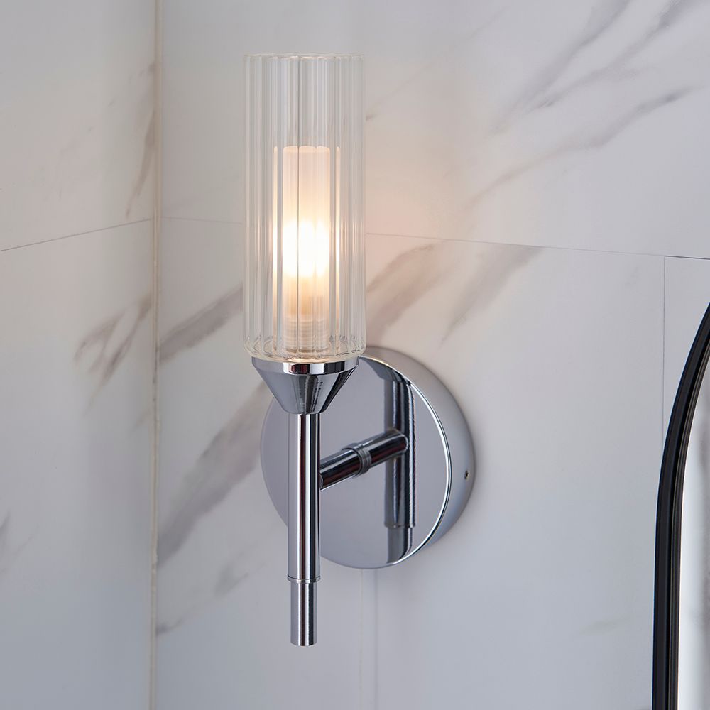 ​Polished Chrome Wall Light – Ribbed Glass Torch Design (IP44 Rated)